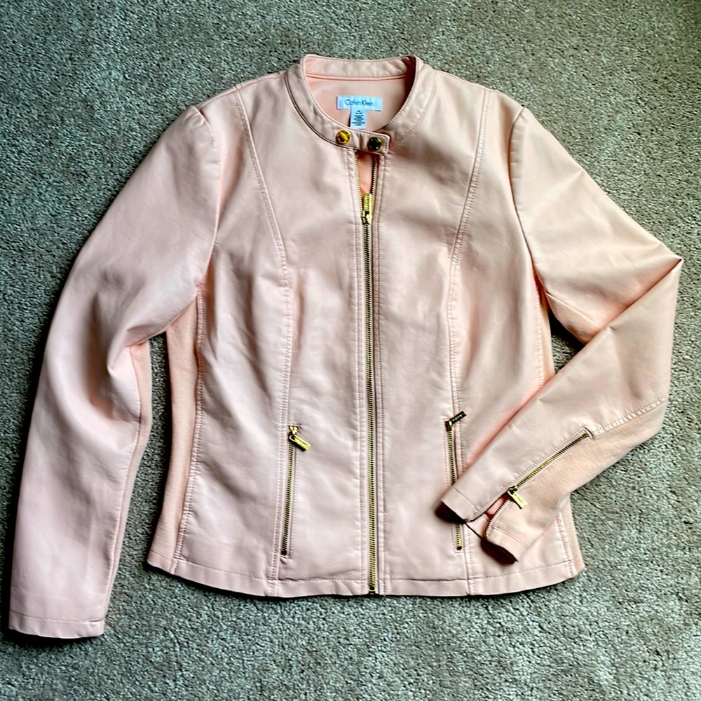 Calvin Klein Pale Pink Faux Leather Jacket Size Medium, gold zippers
